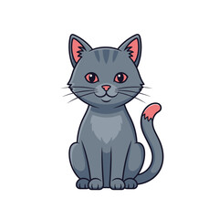 Obraz premium Cartoon illustration of a gray cat sitting upright, with pink ears, nose, and tail tip, against a white background.