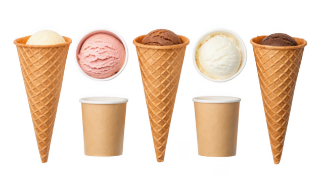 Assortment of ice cream cones and cups with different flavors isolated on transparent background
