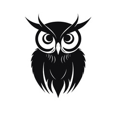 A stylized, symmetrical illustration of an owl with prominent ear tufts, rendered in black silhouette against a white background.