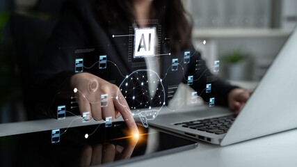 AI neural network and data processing system visualizing artificial intelligence with brain...