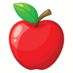 A vibrant glossy red apple illustration with a realistic shine and a fresh green leaf perfect for healthy eating or autumn themes