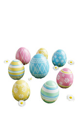 Multiple decorated easter eggs with intricate patterns, pastel pink, sky blue, butter yellow, mint green, glossy, nestled in vibrant green grass with white daisies on clean white background, copy