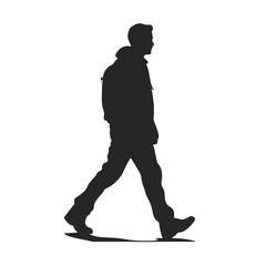 Silhouette of a man walking with a backpack, depicted in profile view against a white background.