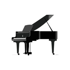 A sleek black grand piano with its lid open, presented against a clean white background.