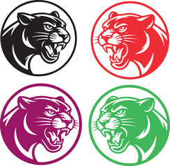 Bold Set of Panther Head Logos in Black, Red, Green, and Purple for Sports Teams, Mascots, and Wild Animal Designs