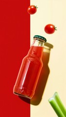 Vibrant red beverage in floating glass bottle for refreshing advertisement design