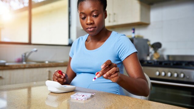 Pregnant woman checking blood sugar level for gestational diabetes management
