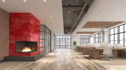 Fototapeta premium Modern open-plan office with a stylish corner fireplace.
