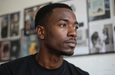 Man sits in front of wall with framed photos. Black shirt with red collar. Gaze directed left, introspective expression. Nigerian man in casual setting, background of personal photos.