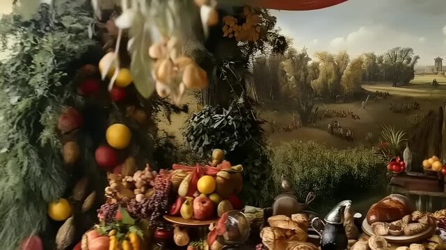 Abundant feast against pastoral backdrop: a cornucopia of culinary delights
