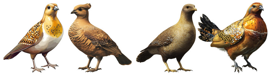 Set of different species of realistic birds standing in a row on white background wildlife illustration
