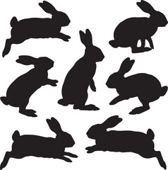 Black rabbit silhouettes in various poses bunny white
