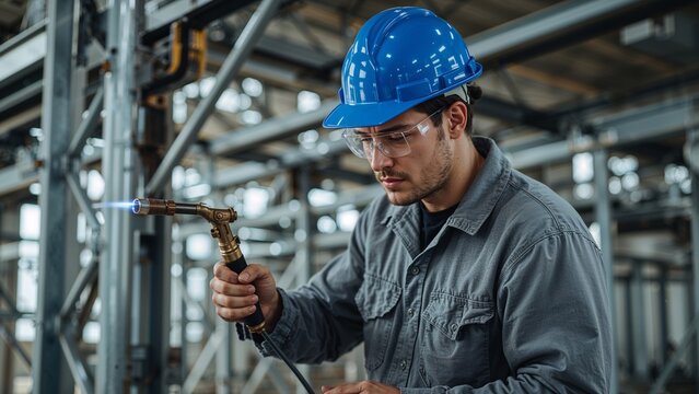 focused male welder in hardhat using torch inside industrial setting with metal framework, safety glasses and professional attire
- Powered by Adobe