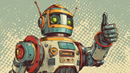 A retro robot astronaut gives a thumbs up, a cool pop art style illustration. It's all about space, robots, and science fiction.