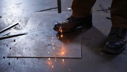 Black leather work boots on scratched industrial metal workshop floor