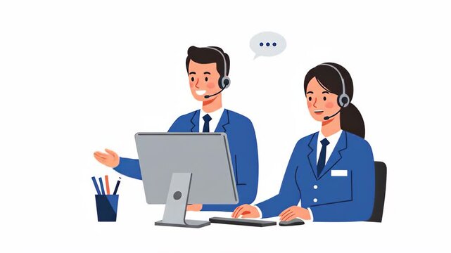 Flat vector two customer service representatives are working at their computers with headsets isolated on white background