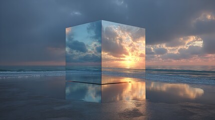 Fototapeta premium A mirror cube reflecting a tranquil beach sunset a portal to peace and on transparent background