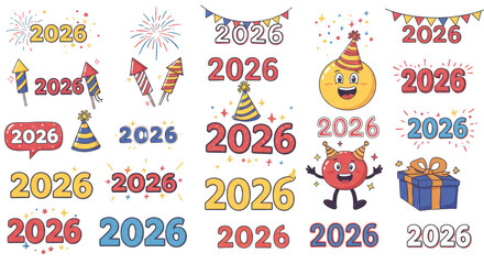 Fototapeta premium Photo of a collection of festive and colorful 2026 new year design elements with fireworks and party hats isolated on transparent background