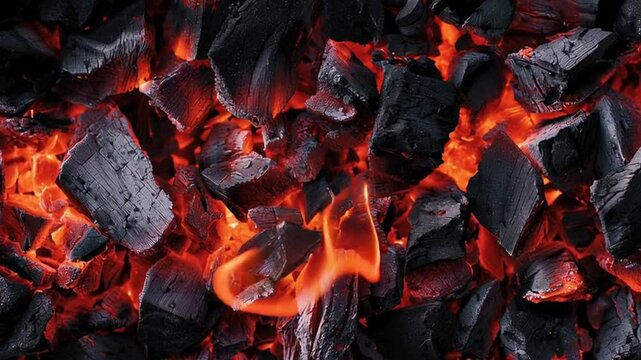 Close-Up View of Glowing Hot Charcoal with Fiery Red Embers
