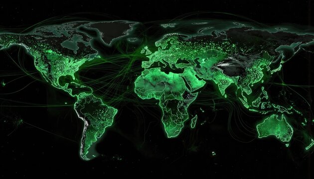 Map of world with continents of Africa, Europe, Asia in green, brown colors on black background. Detailed representation of continents, general view of world geography. No texts countable objects.