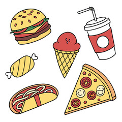 Fast food icon set with pizza burgers sandwiches desserts and meal items in cartoon style