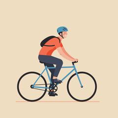 Smiling young man in a blue helmet and backpack riding a light blue bicycle. Flat design vector illustration.