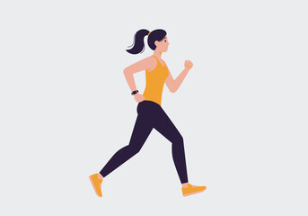 Side profile of an athletic woman with a ponytail jogging, wearing a yellow tank top, leggings, and a smartwatch.