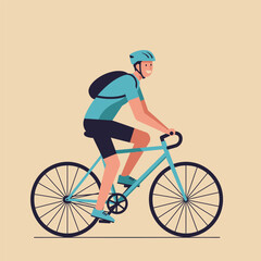 Obraz premium Happy male cyclist in blue sportswear and helmet riding a modern bicycle with a backpack.