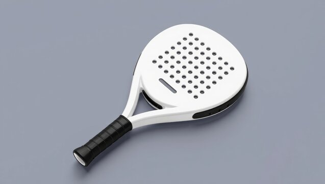 Padel racket and ball on gray background for sports design and promotion. Mockup