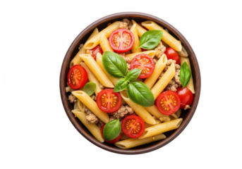 Rustic bowl of penne pasta with ground meat cherry tomatoes and basil image