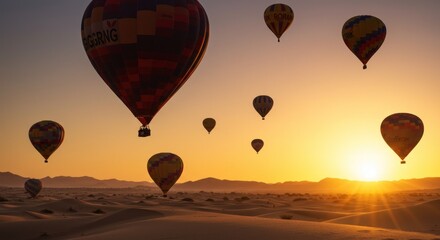 Obraz premium Colorful hot air balloons over desert sunrise (1)