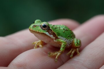 Obraz premium Small green frog resting on a person's hand, showcasing the beauty of nature and wildlife