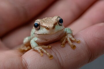 Dumpy frog perched on researcher's finger during an amphibian field study