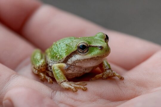 Close-up of a vibrant green pacific tree frog peacefully perched on a person's open palm