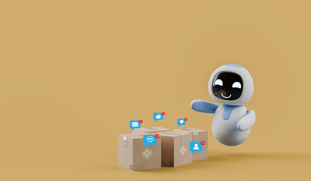 3D robot with social media notifications around cardboard boxes, indicating AI-powered online business. - Powered by Adobe