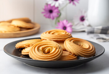 Sweet and tasty round butter cookies. Round ring shaped German spritz biscuits