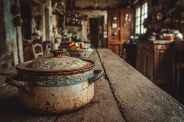 Fototapeta premium Old, rusty cooking pot with a decorative lid rests on a worn wooden table in a vintage kitchen, evoking a sense of history and nostalgia