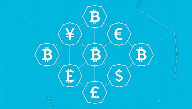 Network of white cryptocurrency and currency symbols on a teal background