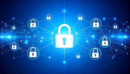Network security concept, interconnected padlocks on a blue tech background