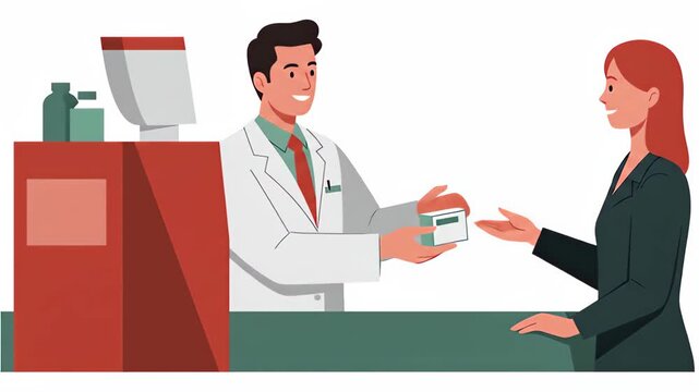 Flat vector a pharmacist is handing a customer a box of medicine at the pharmacy counter