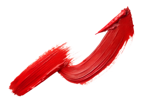 A red lipstick brush stroke forming an upward curve, symbolizing growth and positive momentum isolated on transparent background