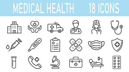 Medical Health Vector Icon Set | Outline | Hospital, Doctor, Emergency, Protection, Tools