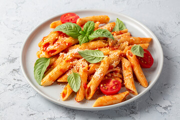 Classic italian pasta penne alla arrabiata with basil and freshly grated parmesan cheese on dark table. Penne pasta with chili sauce arrabbiata.