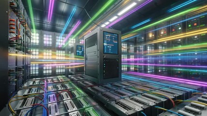 Data servers processing information with colorful light trails in a modern data center - Powered by Adobe