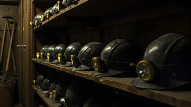 Miners hardhats lined up on shelves