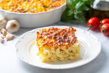 Traditional North American dish. Baked pasta with cheese.