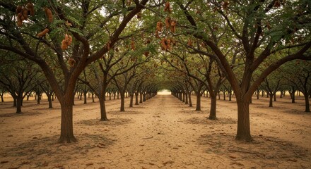 Tree-lined path through orchard