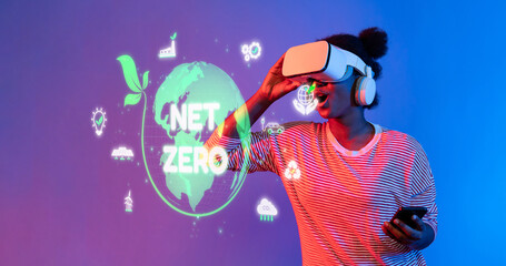 Naklejka premium A woman immerses herself in virtual reality, exploring the concept of net zero as it relates to sustainability and renewable energy efforts in the modern world. XDMCP