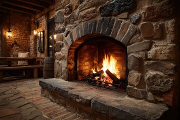 Logs burning in a large stone fireplace inside a rustic tavern with wooden furniture and warm lighting