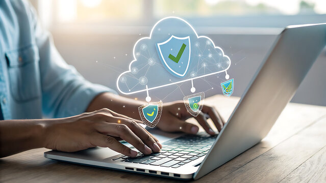 A person is typing on a laptop with a cloud security graphic overlay, representing data protection and cybersecurity measures for online information